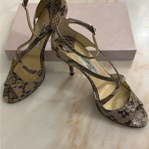 Jimmy Choo Taupe Snake-Print Strappy High Heel Sandals